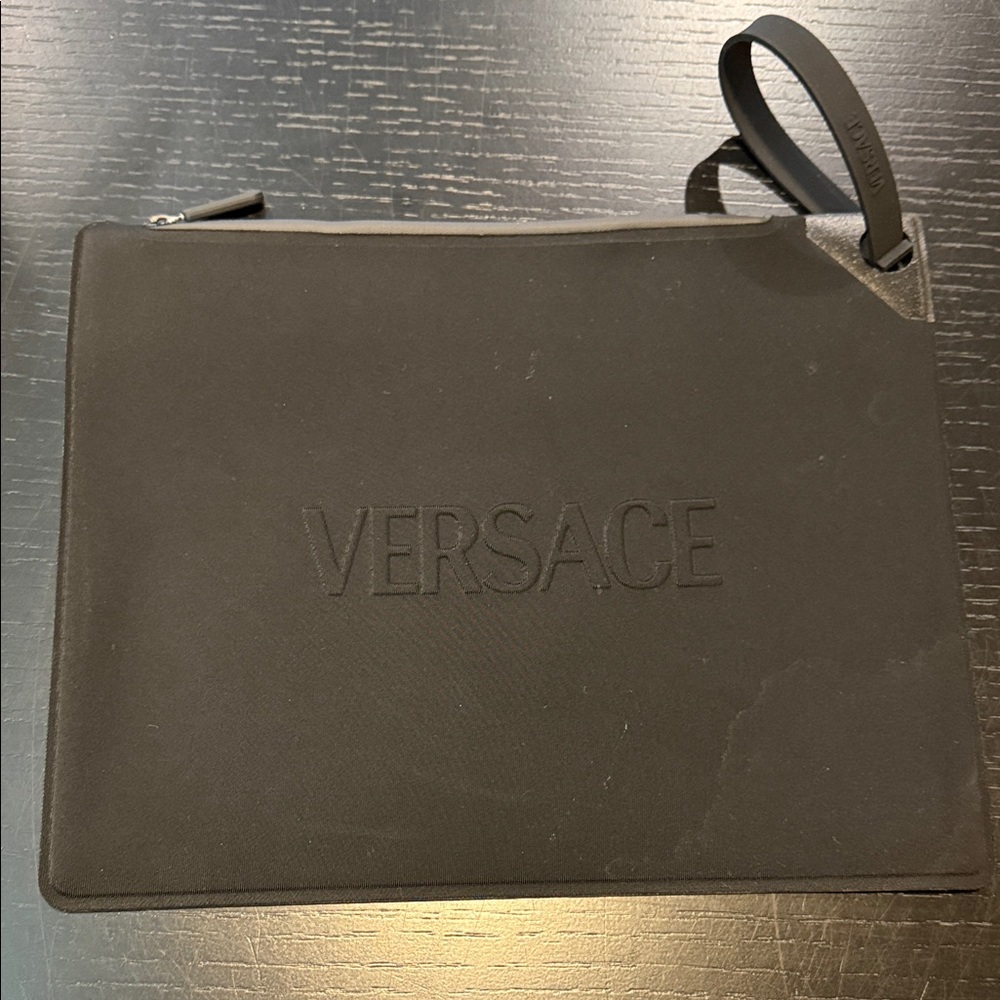 Versace Black Men's Zip Pouch with Embossed Logo and Wrist Strap